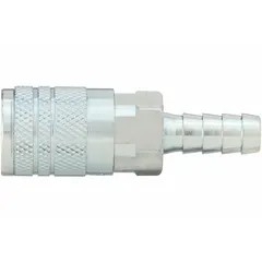 This steel quick-connect air coupling body is designed for industrial interchange pneumatic systems. It features a 3/8 in male hose fitting and a sleeve locking mechanism for secure connections. Suitable for use in compressed air lines for tools and equipment.