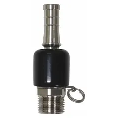 This stainless steel hose adapter connects a faucet sprayer hose to a water supply line via a barb inlet. It includes a trigger lock ring and measures 4 1/4 inches overall. Suitable for use in commercial kitchens, janitorial sinks, and foodservice facilities.