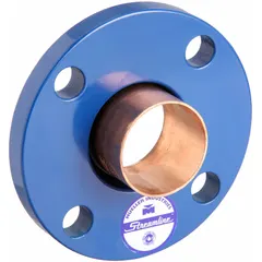 This wrot copper tube flange features a cup x flange design with no center stop, allowing sweat connections for joining copper tubing to flanged equipment. It is used in plumbing and HVAC systems for water or gas lines. The low-lead cast construction meets applicable standards.
