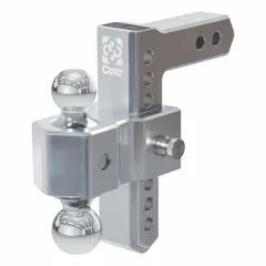 This adjustable ball mount from CURT features a dual ball design with 2 in and 2 5/16 in ball diameters, allowing quick switching between trailer coupler sizes. Constructed from aluminum and steel with a polished aluminum finish, it includes a dual ball pin and is corrosion-resistant. Suitable for towing applications requiring an adjustable ball mount.