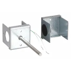 Duct-mounted temperature sensor with metal conduit box housing for averaging measurement in HVAC systems. Features a temperature range of -50°F to 250°F with ±3.4F° accuracy and hardwired connection. Includes two hex-head self-drilling screws for installation. Compatible with building automation systems.