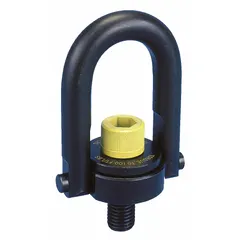 Pivot and rotate hoist ring for pulling operations. Constructed from black oxide-coated steel with a 3/8"-16 thread size. Maximum load capacity of 1,000 lb. Used in industrial rigging and material handling for secure, rotating attachment points.