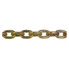 This Grade-70 load-securing chain is made of carbon steel with a straight, welded design. It is used for tie-down and load binding in transportation, towing, and industrial rigging applications.