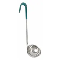 This CRESTWARE ladle is made of stainless steel with a teal finish. It has a 6 oz capacity and an overall length of 14 1/2 inches. The ladle is unfinished and not NSF certified. It is used for portioning and serving liquids such as soups, sauces, and gravies in commercial or institutional kitchens