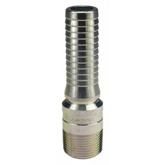 This rigid steel x steel barbed combination nipple connects 1-1/4 in hose to NPT threaded equipment. Suitable for air, water, and chemical transfer applications. Fitting size: 1-1/4 in x 1-1/4 in with hose barb x NPT connection.