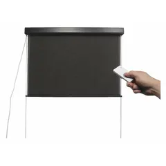This motorized exterior sun shade from the Elite Plus Series features a 96-inch valence width, Kona fabric, and an Oil Rubbed Bronze valance. It operates via remote control on the right side and includes a cable tie-down system. Designed for outdoor use, it helps block solar heat and UV rays on patios, decks, or large windows.