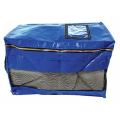 This blue plastic strong box features a zipper closure and is puncture resistant. It is used for secure containment of items in evidence storage and handling applications.