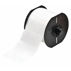This vinyl wraparound label features a white matte finish and measures 1 7/16 in x 13/16 in. It is designed for wire and cable identification on 10 AWG to 4 AWG gauges. Compatible with BBP33 printer series and requires B30-R4300 ribbon. Commonly used in industrial electrical panels and manufacturing environments for durable marking.