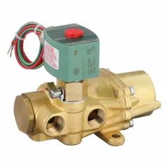 This 4-way/2-position configurable solenoid valve features a 1/2 in pipe size and operates on 110V AC. The watertight coil enclosure provides protection against moisture. It is used for directional control of air or inert gas in pneumatic systems, such as actuating double-acting cylinders and valves.