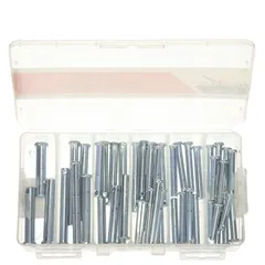 This 50-piece clevis pin assortment includes 20 inch sizes, made from Grade 1010/Grade 1018 steel with a zinc-plated finish. Clevis pins are used in mechanical linkages, agricultural equipment, and industrial machinery to create removable pivot joints.