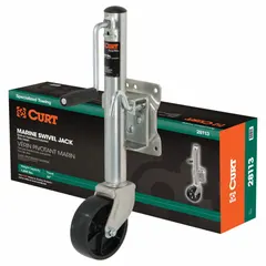 This CURT trailer jack features a sidewind handle and bolt-on mounting, with a wheel base for easy positioning. It offers a static load capacity of 1,200 lb and a maximum lift height of 23-1/2 in. Suitable for lifting and supporting light-duty trailers during parking, loading, or maintenance.