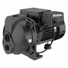 Single-phase convertible well jet pump with cast-iron construction. Rated 3/4 hp, 115/230V AC, delivering 13.5 gpm at 10 ft head. Includes motor and ejector. Suitable for residential water supply from shallow or deep wells, adaptable for single-pipe or two-pipe installations.