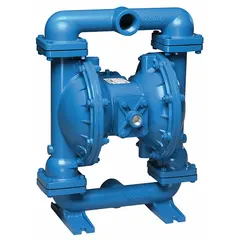 This air-operated double diaphragm pump features a cast iron housing with 1 1/2 in NPT connections. It delivers up to 106 gpm and achieves a maximum head of 289 ft. The seat is made of PE, and the check valve is Santoprene. Suitable for transferring a range of fluids in industrial applications.