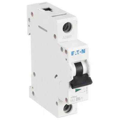 EATON Supplementary Protector: 5 A Amps, 48V DC, 15kA at 240/415V AC, Lug, FAZ - D-Curve, 1-Pole UL1077 DIN Rail-Mount Supplementary Protectors