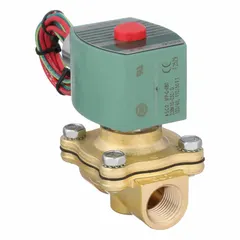This REDHAT solenoid valve is a 2-way, 2-position, normally closed valve with a 1/2 in pipe size and 120V AC voltage. The watertight coil enclosure allows use in damp or washdown environments. It is suitable for on/off control of liquids or gases in industrial automation, irrigation, and process control systems.