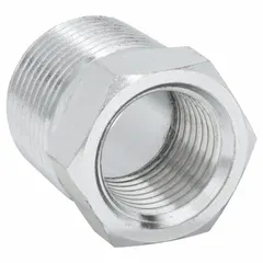 Steel hydraulic hose adapter for transitioning between BSPT and NPT threads. Rigid straight design with 1 in male BSPT and 1 in female NPT connections. Suitable for fluid power systems requiring thread type conversion.