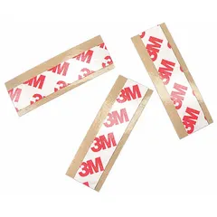 Double-sided tape strip with acrylic adhesive on a polyester film backing, 8.3 mil thick. Pre-cut to 3 in length and 3/4 in width. Used for mounting, splicing, and bonding in industrial assembly and maintenance applications.