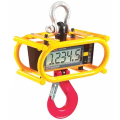 This industrial crane scale from RON CRANE SCALES has a 20,000 lb capacity with +/-0.1% accuracy and 5 kg readability. It features a steel housing, NEMA 4 rating, and includes a load cell, protective cage, infrared on/off remote control, top shackle, and bottom hook. Suitable for overhead weighing applications in material handling environments.