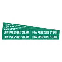 Green adhesive pipe markers with white legend text reading 'Low Pressure Steam'. Each marker fits pipe outer diameters from 3/4 to 2-3/8 inches. Pack of 4 markers without arrows, sold in a 5-pack configuration. Used for identifying low-pressure steam lines in piping systems