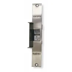 This electric strike accommodates both cylindrical and mortise locksets, with a stainless steel construction and a 9-inch height. It operates on 12V AC/DC input and is rated Performance Duty 1 - Heavy Duty for mortise applications. Suitable for use in access control systems where remote or keypad release is required.