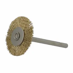 This nonsparking brush features a crimped brass fill of 0.005" for light cleaning of soft materials such as aluminum, brass, or plastic. It removes oxidation, burrs, and surface contaminants without generating sparks, suitable for hazardous environments. The brush has a 1" diameter, 3/16" face width, and 1/8" shank.