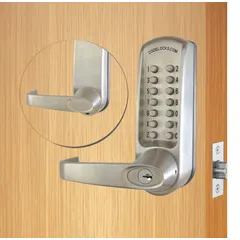 This mechanical push button lockset is constructed from stainless steel and features a Schlage 'C' 6 Pin Keyway for key override. It is designed for keyless access control on commercial doors, suitable for applications such as offices, schools, and industrial facilities where reliable, code-free entry is needed without electrical wiring.