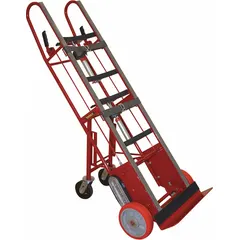 APPROVED VENDOR Ergonomic Tilt-Back Steel Appliance Hand Truck, 1,800 lb Capacity, Red, 10 in Solid Wheels, Ratchet Strap, Model 230076