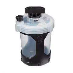 Plastic cup, lid, and liner assembly for TC Pro series spray guns. Includes lid and is compatible with model 17N223. Used to hold and mix paint or coating materials, enabling quick cleanup and reduced solvent waste in industrial painting applications.
