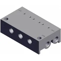 Manifold base for mounting V100 Series pneumatic valves. Features 3 ports with a coefficient of volume (Cv) of 0.008. Used in pneumatic control systems for air distribution in automation equipment