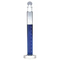 Class A graduated cylinder with 100 mL capacity, calibrated to contain (TC). Features 1 mL graduation increments and includes a pennyhead glass stopper. Meets ASTM E1272 and USP Type I specifications. Used for precise volumetric measurement in laboratory settings.
