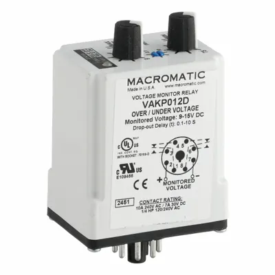MACROMATIC Voltage Sensing Relay: Socket Mounted, 8 Pins/Terminals, 10 A, 12V DC - Socket-Mounted Relays