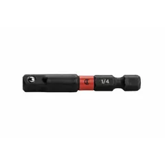 This adapter converts 1/4" male hex drive impact tools to square-drive sockets. It features a black oxide finish and a locking mechanism to secure the socket. Commonly used in automotive assembly and industrial fastening applications.