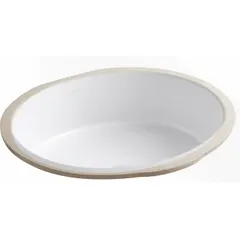 This KOHLER undermount bathroom sink is made of white vitreous china, measuring 19-1/8 inches long and 16 inches wide. It has no faucet holes, allowing for wall-mount or deck-mount faucet installation. Basin clamps are included for secure mounting under the countertop.