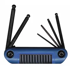 This folding hex key set includes five metric short hex keys stored in a folding holder. The keys have a black oxide finish. Suitable for tightening or loosening hex socket screws in assembly and maintenance tasks.