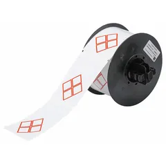 Red GHS/CLP 4B diamond precut label rolls with no legend, measuring 2 11/64 in x 3 11/32 in. Feature acrylic adhesive for secure bonding. Compatible with BBP30 printer series. Used for chemical hazard labeling on containers, drums, and pipes in industrial environments.