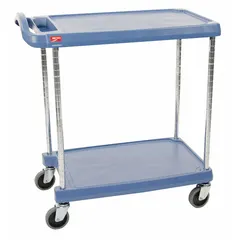 This polymer lab cart from INSTOCK includes two shelves and measures 35 1/2 inches high, 18 3/8 inches wide, and 31 1/2 inches long. It is designed for transporting instruments, glassware, and supplies within laboratory and industrial environments.