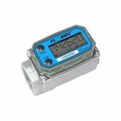 This GPI turbine totalizer is designed for inline measurement of fuel flow. It features a 1-inch NPT connection, a nylon rotor, and an LCD display that totalizes in gallons. With a flow range of 0.3 to 3 gpm and accuracy of ±5%, it is powered by a 1.5V source. Suitable for fuel dispensing and transfer systems requiring gallon totalization.