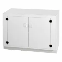 Stationary polypropylene base cabinet in white, 48 in wide by 36 in high, with one door. Designed to support a ductless filtered workstation, providing a chemical-resistant base for laboratory ventilation enclosures.