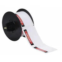 White vinyl label roll with DANGER header, measuring 2 1/4 in x 3 in, featuring acrylic adhesive. Contains 300 labels per roll, compatible with BBP30 printer series. Used for industrial safety identification on equipment or areas requiring a danger warning