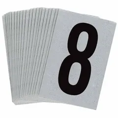 Engineer-grade retroreflective individual character label with silver background and black Archivo Narrow font. Suitable for indoor/outdoor use, providing high visibility for equipment, pipe, and safety sign identification. Each pack contains 25 labels with character 8.