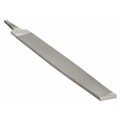 This tapered double-cut rectangular file is designed for precision metal deburring, shaping, and finishing. It features a smooth cut and natural finish, suitable for fine stock removal on steel, brass, and aluminum. Dimensions: 12 in length without tang, 1-1/4 in width, 9/32 in thickness.