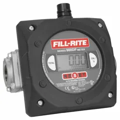 Aluminum-bodied nutating disc totalizer with digital display for fuel transfer volume measurement. Features 1-inch FNPT connections, Buna-N seals and O-rings, +/-1.25% accuracy, and standard frequency pulse output. Measures in liters. Suitable for industrial, fleet, and agricultural fueling applications.