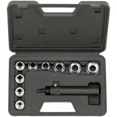 This 10-piece gasket punch set includes hollow, angled punches for cutting clean holes in gasket materials such as paper, canvas, or leather. Punches have a 25 mm taper length and are stored in a canvas/leather/paper case. Suitable for creating precise holes for sealing applications in industrial equipment.