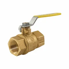 This 4-inch brass ball valve features a full port ball port for minimal pressure drop and a straight body configuration. It connects via Press x Press connections and includes a locking lever handle for secure on/off flow control. Suitable for use in industrial piping systems handling water, oil, or gas.