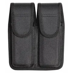 This duty equipment pouch is constructed from black ballistic nylon and measures 6 inches by 1 7/16 inches. It features a snap closure for secure storage. Typical applications include carrying magazines or similar gear on a belt or vest for quick access in security or tactical settings.