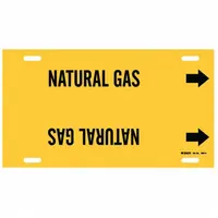 This strap-on pipe marker identifies Natural Gas lines and fits pipe outer diameters of 8 to 9-7/8 inches. It features a yellow background with black legend text and includes directional arrows to indicate flow direction. Suitable for use in industrial piping systems to support clear identification
