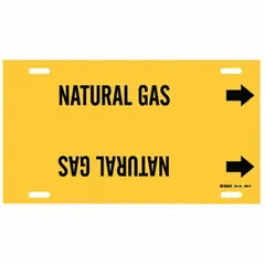 This strap-on pipe marker identifies Natural Gas lines and fits pipe outer diameters of 8 to 9-7/8 inches. It features a yellow background with black legend text and includes directional arrows to indicate flow direction. Suitable for use in industrial piping systems to support clear identification.
