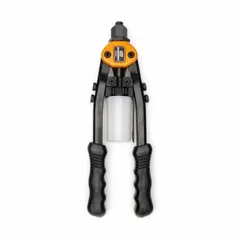 This hand-operated riveter is designed for installing blind rivets in metal, plastic, and composite assemblies. It features a 1/2 in nose diameter and 1 in nose length, accommodating rivet diameters of 1/8, 3/32, 5/32, and 3/16 in. Suitable for general fabrication and assembly tasks.