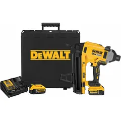This cordless nailer drives nails into concrete and masonry surfaces for fastening furring strips, strapping, and form work. It features sequential firing mode and 15° strip collation. Powered by the 20V MAX* XR® platform, it includes two 5.0 Ah batteries. The housing is plastic.
