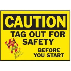 Polyester adhesive sign, 3 1/2 in x 5 in nominal size, sold in a 5-pack. Features adhesive mounting, not retroreflective, and does not glow in the dark. Used for tag-out safety applications to warn personnel to secure equipment before starting maintenance.